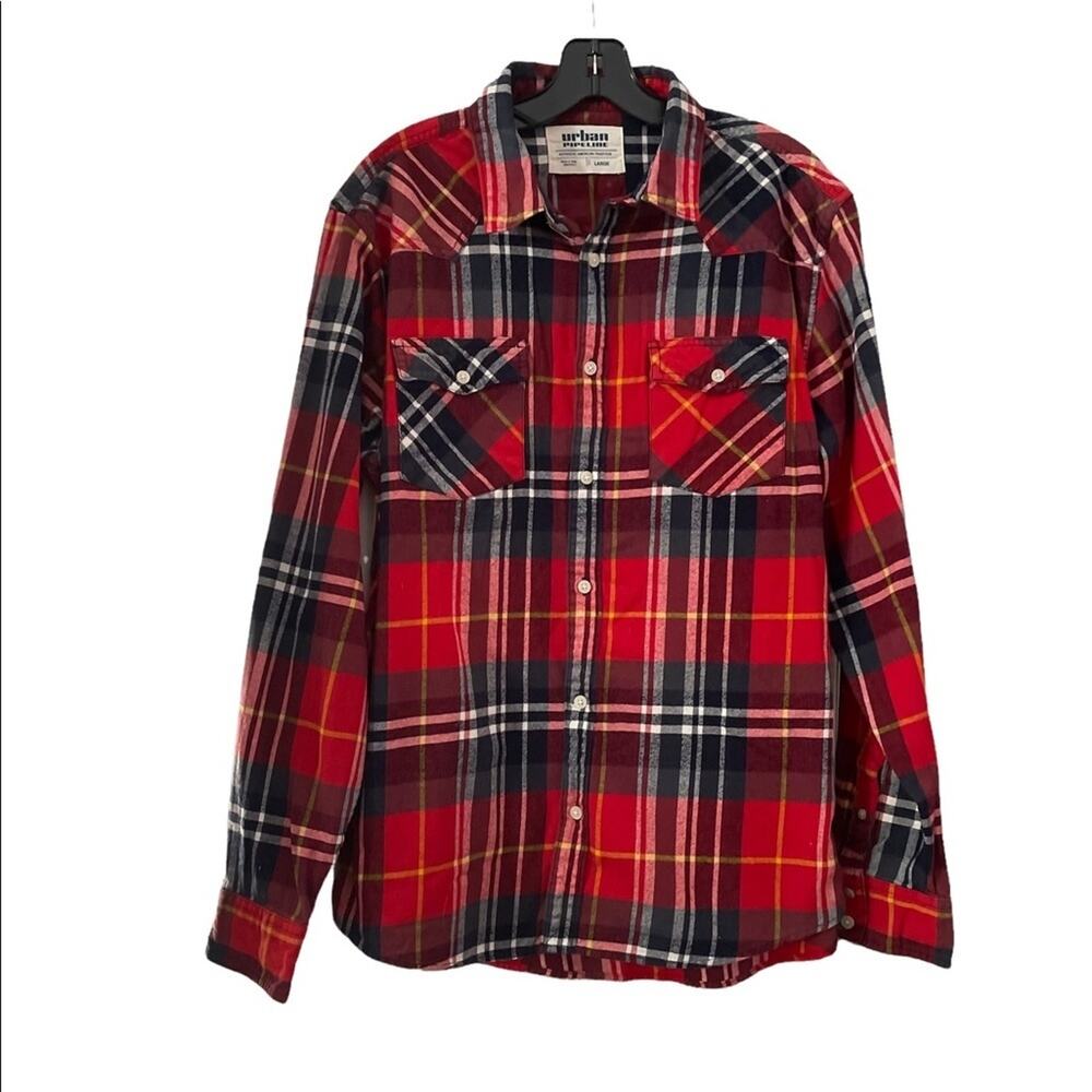 Urban Pipeline Shirt Mens L Red Plaid Flannel Button Up Long Sleeve Pockets